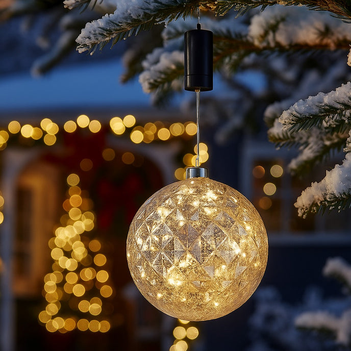 Glob argintiu cu LED de Crăciun suspendat de o ramură de brad nins, aflat intr-o curte.