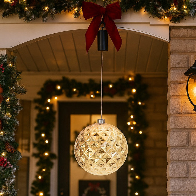 Glob argintiu cu LED de Crăciun suspendat de veranda unei case decorate de Crăciun