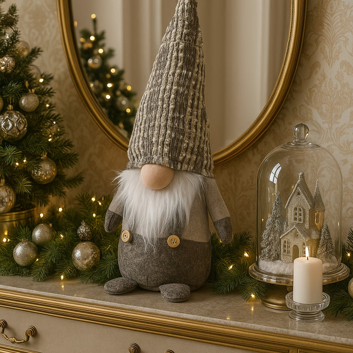Gnom decorativ de Crăciun cu pălărie lungă gri așezat pe un bufet de lemn alb cu auriu și blat der marmura, decorat de Crăciun