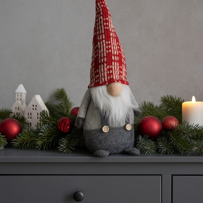 Gnom decorativ de Crăciun cu pălărie lungă roșie așezat pe un bufet de lemn, gri decorat de Crăciun