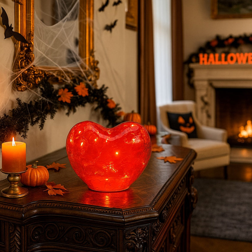 Inimă decorativă din sticlă de culoare roșie, cu lumină led, așezată pe un bufet sculptat din lemn, decorat de Halloween