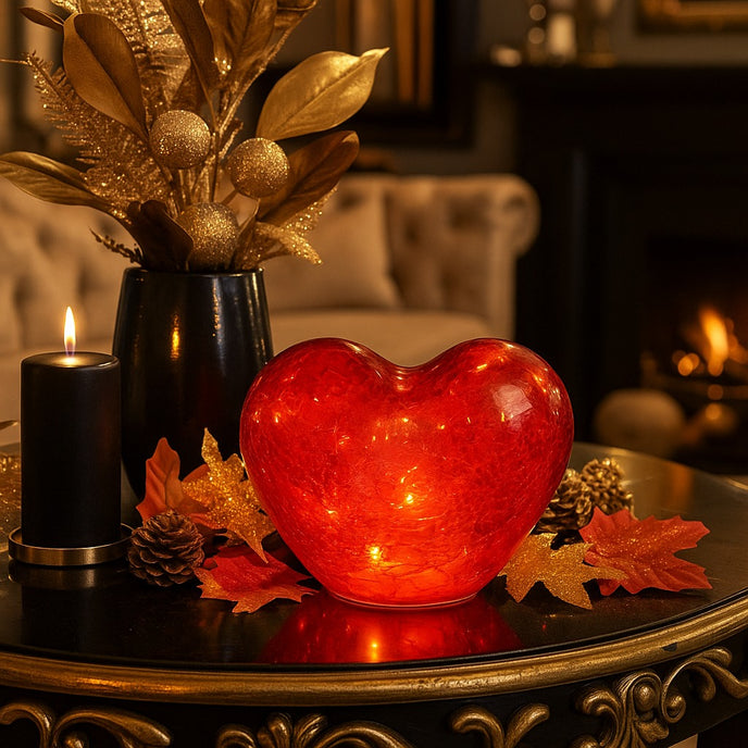 Inimă decorativă din sticlă de culoare roșie, cu lumină led, așezată pe o masă neagră cu auriu, decorată de toamnă