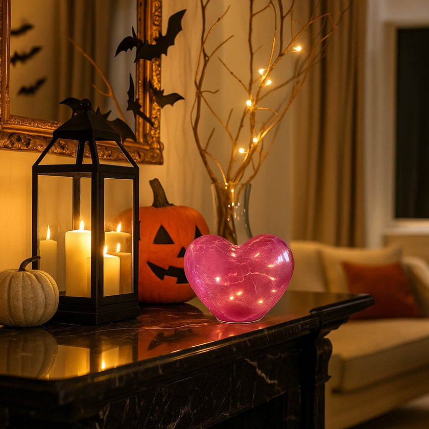 Inimă decorativă din sticlă de culoare roz, cu lumină led, așezată pe un bufet din marmură neagră, decorat de Halloween