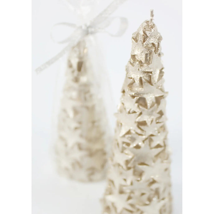 Lumânare în formă de brad auriu cu stele și sclipici ambalată in folie de plastic