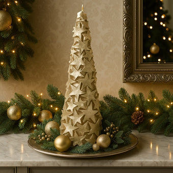 Lumânare în formă de brad auriu cu stele și sclipici așezată pe o farfurie din metal. Farfuria este așezată pe un blat de marmură, decorat de Crăciun