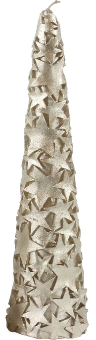 Lumânare în formă de brad auriu cu stele și sclipici 