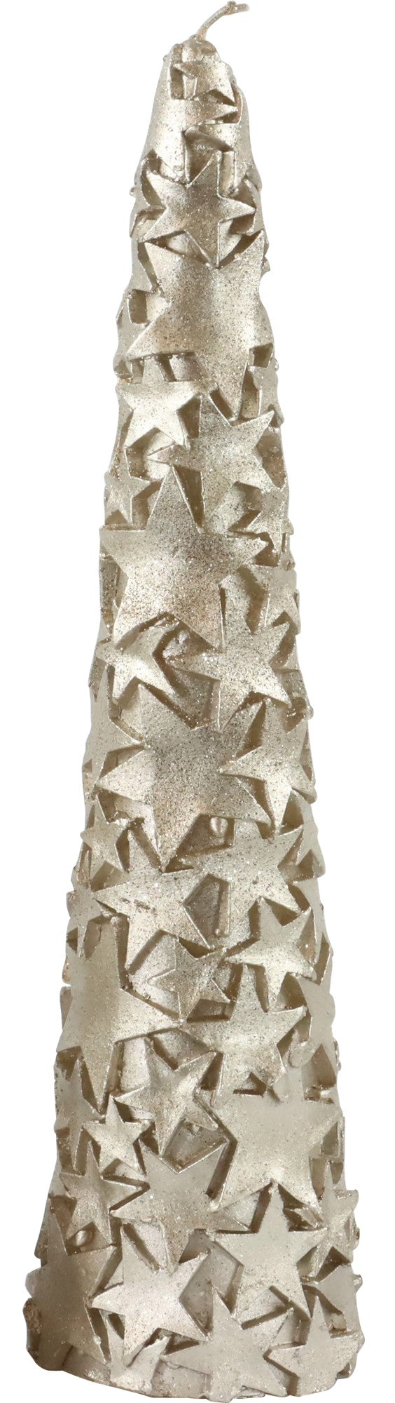 Lumânare în formă de brad auriu cu stele și sclipici 