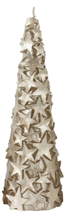 Lumânare în formă de brad auriu cu stele și sclipici 
