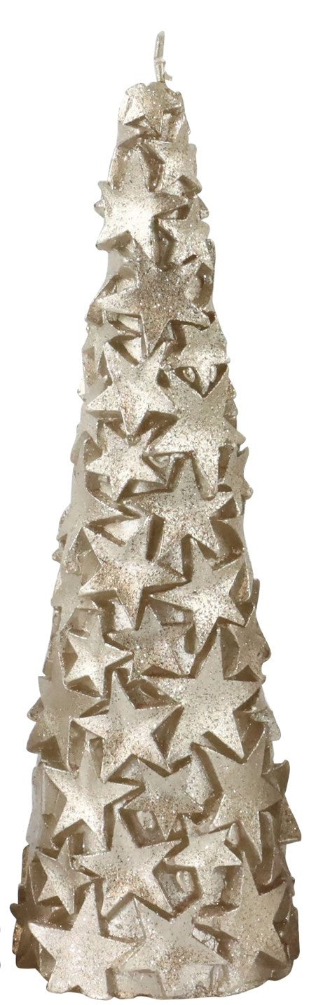 Lumânare în formă de brad auriu cu stele și sclipici 