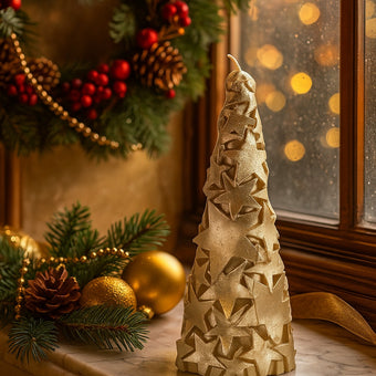 Lumânare în formă de brad auriu cu stele și sclipici așezată pe un pervaz din marmură, decorat de Crăciun