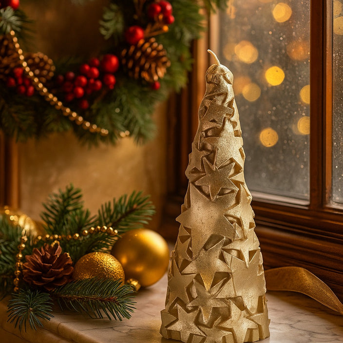 Lumânare în formă de brad auriu cu stele și sclipici așezată pe un pervaz din marmură, decorat de Crăciun