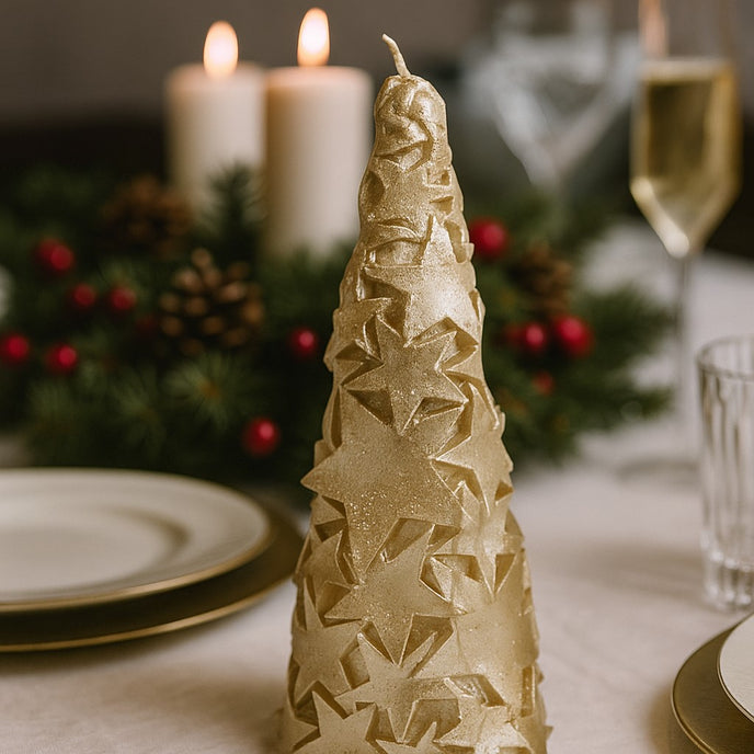 Lumânare în formă de brad auriu cu stele și sclipici așezată pe o masă festivă decorată de Crăciun
