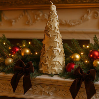 Lumânare în formă de brad auriu cu stele și sclipici așezată pe o manta de șemineu, din marmură, decorat de Crăciun