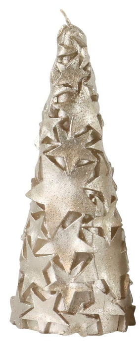 Lumânare în formă de brad auriu cu stele și sclipici 