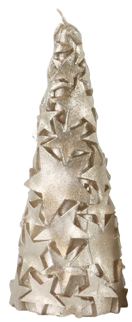 Lumânare în formă de brad auriu cu stele și sclipici 