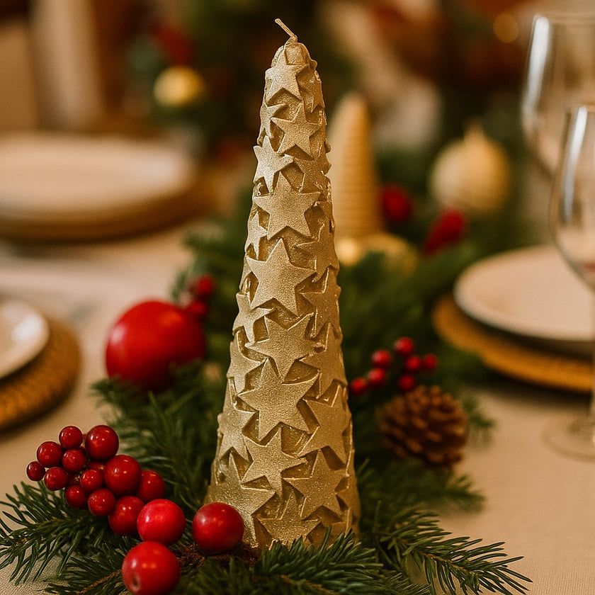 Lumânare în formă de brad auriu cu stele și sclipici așezată pe un vâsc de brad.