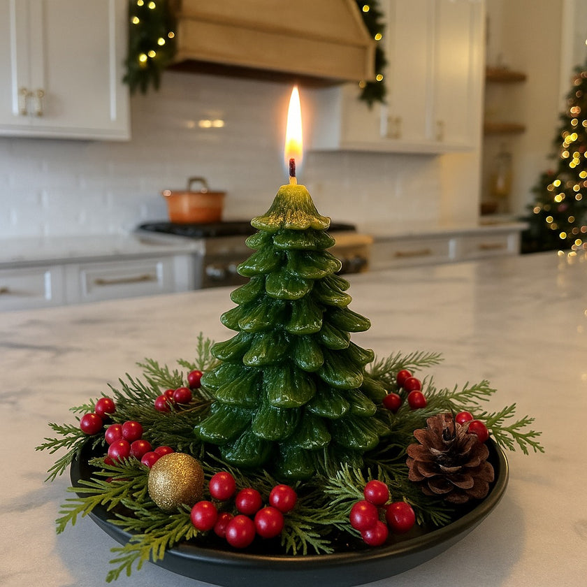 Lumânare în formă de brad verde Crăciun,aprinsă ,așezată pe o tavă metalică decorată de Crăciu. Tava se află pe un blat în bucătărie