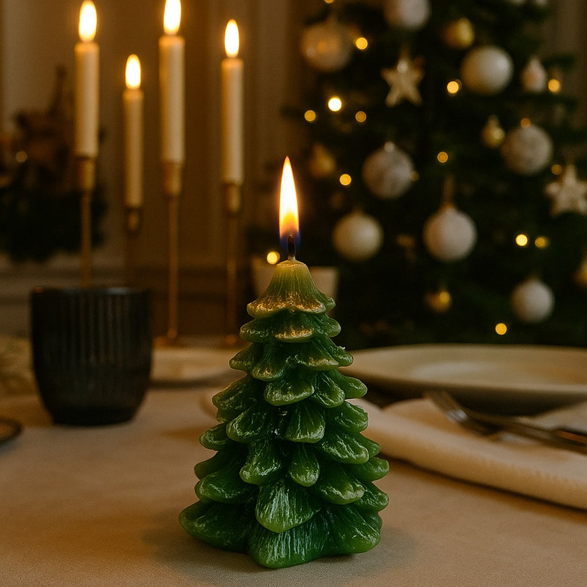 Lumânare în formă de brad verde Crăciun, aprinsă, așezată pe o masa festivă de Crăciun