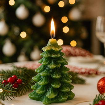 Lumânare în formă de brad verde Crăciun,aprinsă, așezată pe o masă festivă de Crăciun