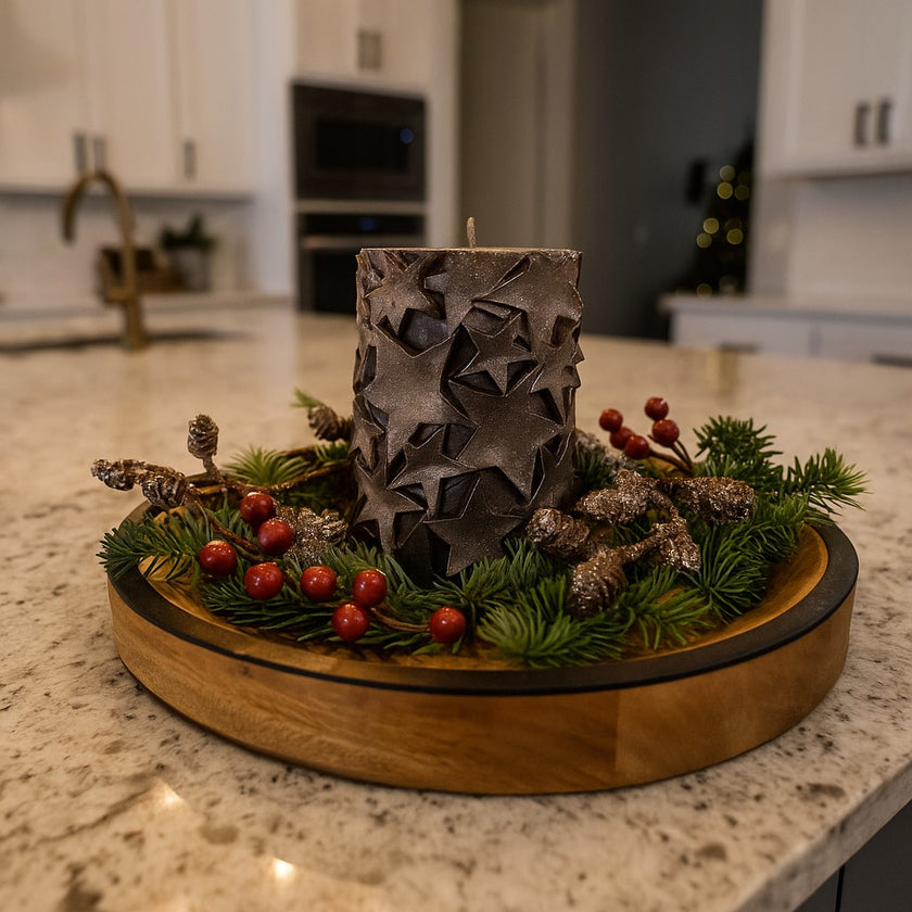 Lumânare cilindrică decorativă cu stele și sclipici Crăciun așezată pe o tavă de lemn decorată de Crăciun, pe un blat in bucătărie