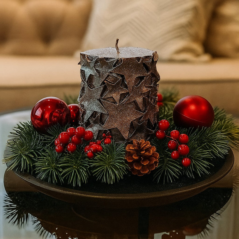 Lumânare cilindrică decorativă cu stele și sclipici Crăciun așezată pe o farfurie decorată de Crăciun