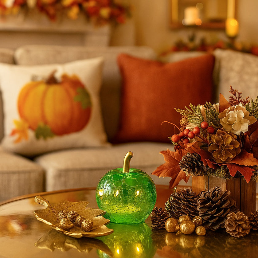 Măr decorativ din sticlă, de culoare verde, cu lumină led, așezat pe o masă aurie, decorată de toamnă
