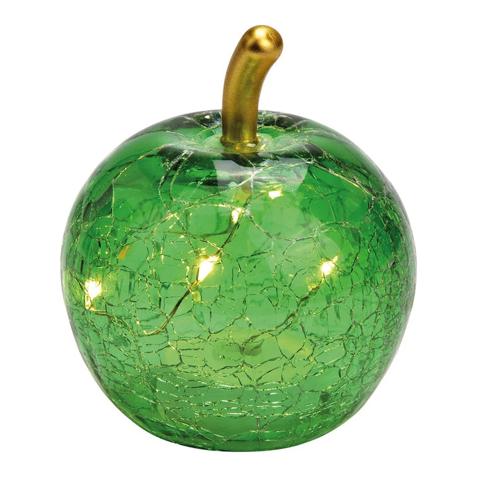 Măr decorativ din sticlă, de culoare verde, cu lumină led