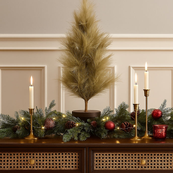 Mini brad artificial decorative așezat pe un bufet din lemn maro, decorat de Crăciun