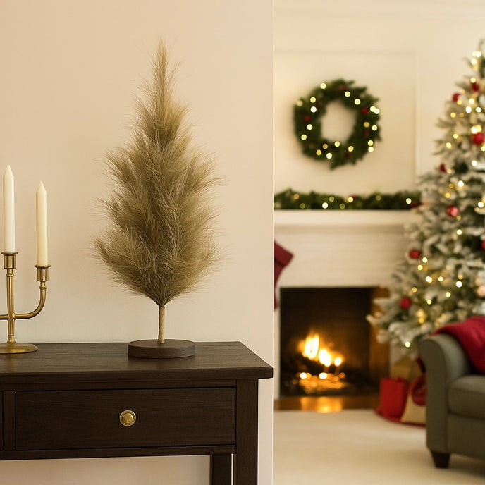 Mini brad artificial decorative așezat pe o comodă din lemn într-un living decorat de Crăciun