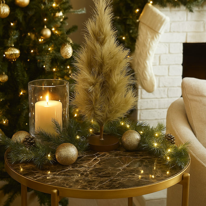 Mini brad artificial decorative așezat pe o masă cu blat de marmură, decorată de Crăciun