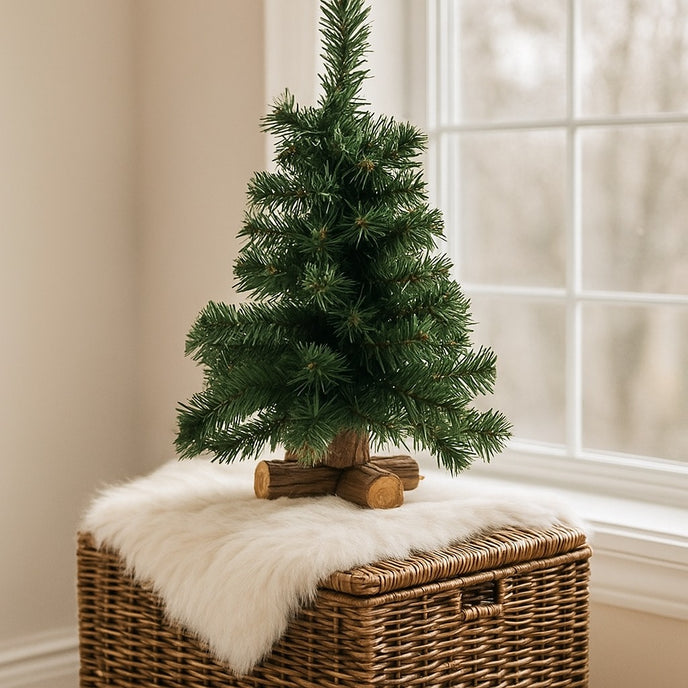 Mini brad artificial decorativ de Crăciun așezat pe o blană albă, ce se află p eo cutie de răchită