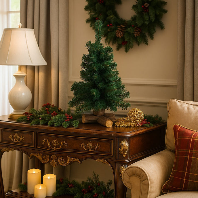 Mini brad artificial decorativ de Crăciun așezat pe un bufet de lemn decorat de Crăciun