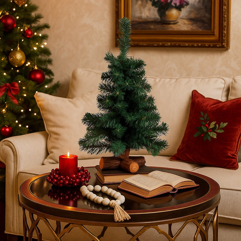 Mini brad artificial decorativ de Crăciun așezat pe o masă de cafea decorată de Crăciun 