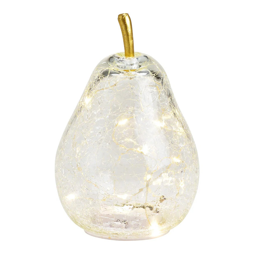 Pară decorativă din sticlă transparentă, cu lumină led