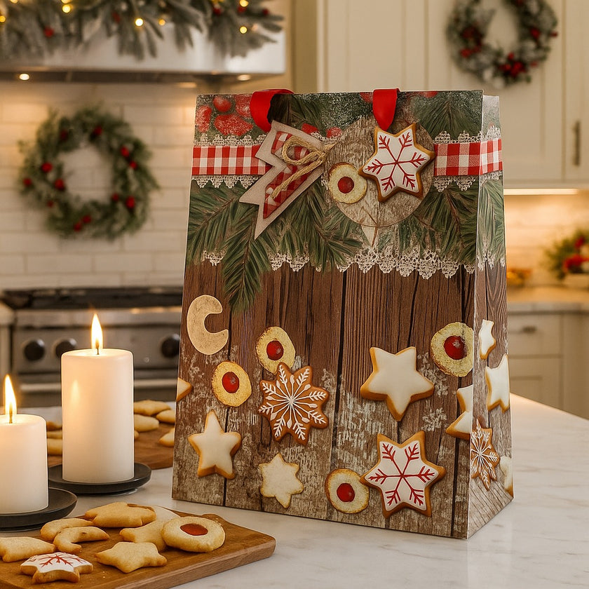 Pungă cadou de Crăciun cu biscuiți și stele așezată pe un blat alb de bucătări, lângă 2 lumânări aprinse si o tavă din lemn cu biscuiți