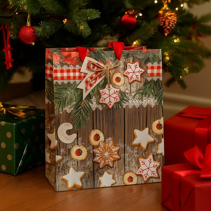 Pungă cadou de Crăciun cu biscuiți și stele așezată  sub un brad de Crăciun, lângă cadouri împachetate de Crăciun
