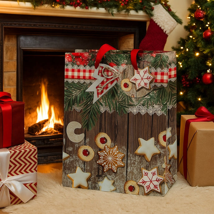 Pungă cadou de Crăciun cu biscuiți și stele așezată in fața unui șemineu, lângă cadouri împachetate de Crăciun