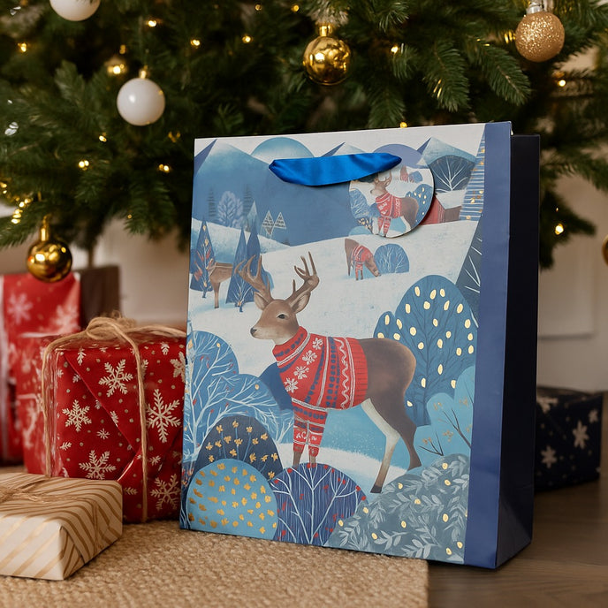 Pungă cadou de Crăciun cu reni în pulover roșu așezată sun un brad împodobit, lângă 2 cadouri împachetate e Crăciun