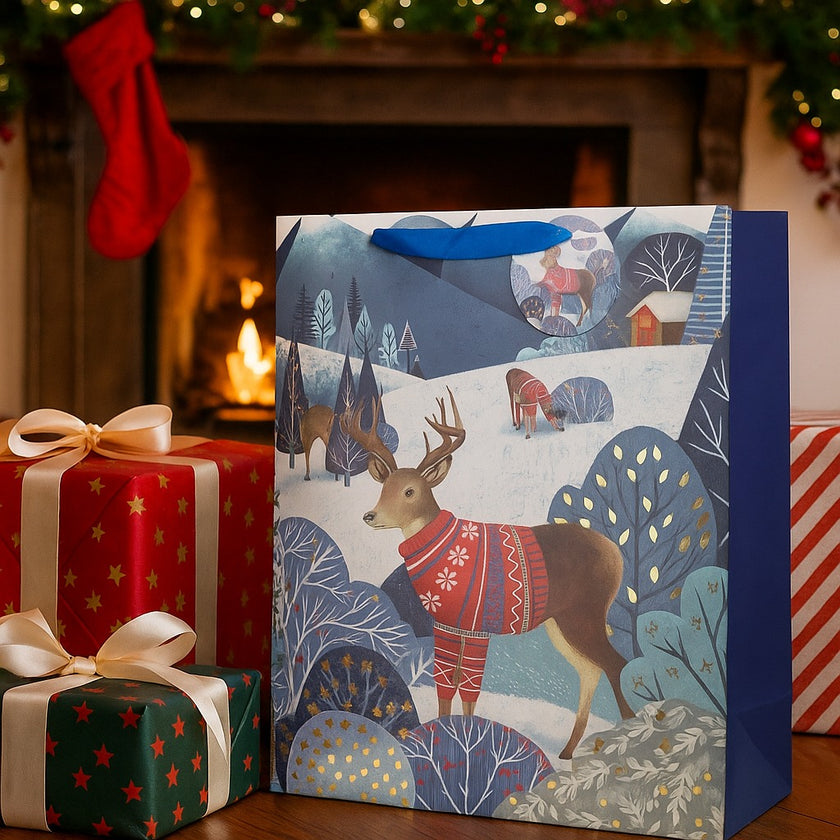 Pungă cadou de Crăciun cu reni în pulover roșu așezată în fața unui șemineu, lângă 2 cadouri împachetate de Crăciun