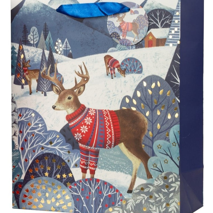 Pungă cadou de Crăciun cu reni în pulover roșu 