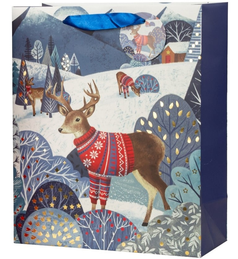Pungă cadou de Crăciun cu reni în pulover roșu 