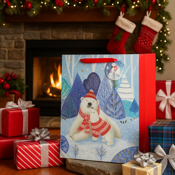 Pungă cadou de Crăciun cu urși polari așezată în fața unui șemineu, lângă 5 cadouri împachetate de Crăciun