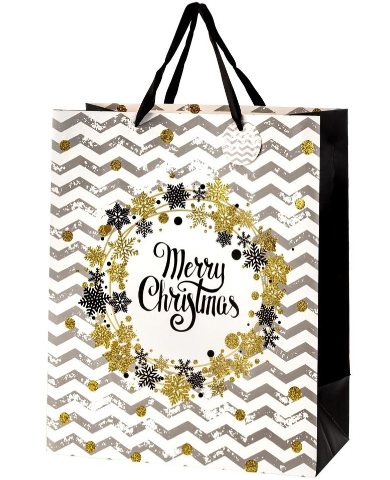 Pungă cadou de Crăciun, cu model zig-zag în alb și gri, cu fulgi aurii