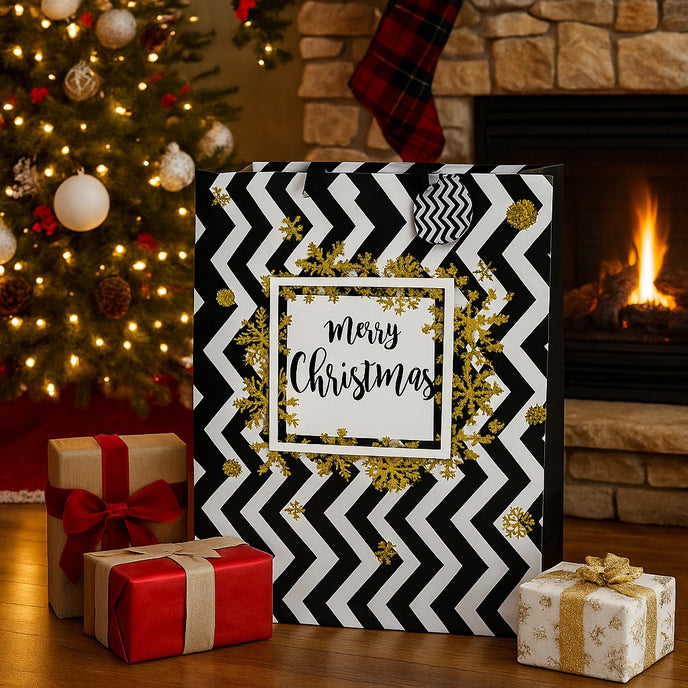 Pungă cadou de Crăciun, cu model zig-zag în alb și negru, cu fulgi aurii, asezată pe parchet, în fața unui șemineu și lângă cadouri de Crăciun
