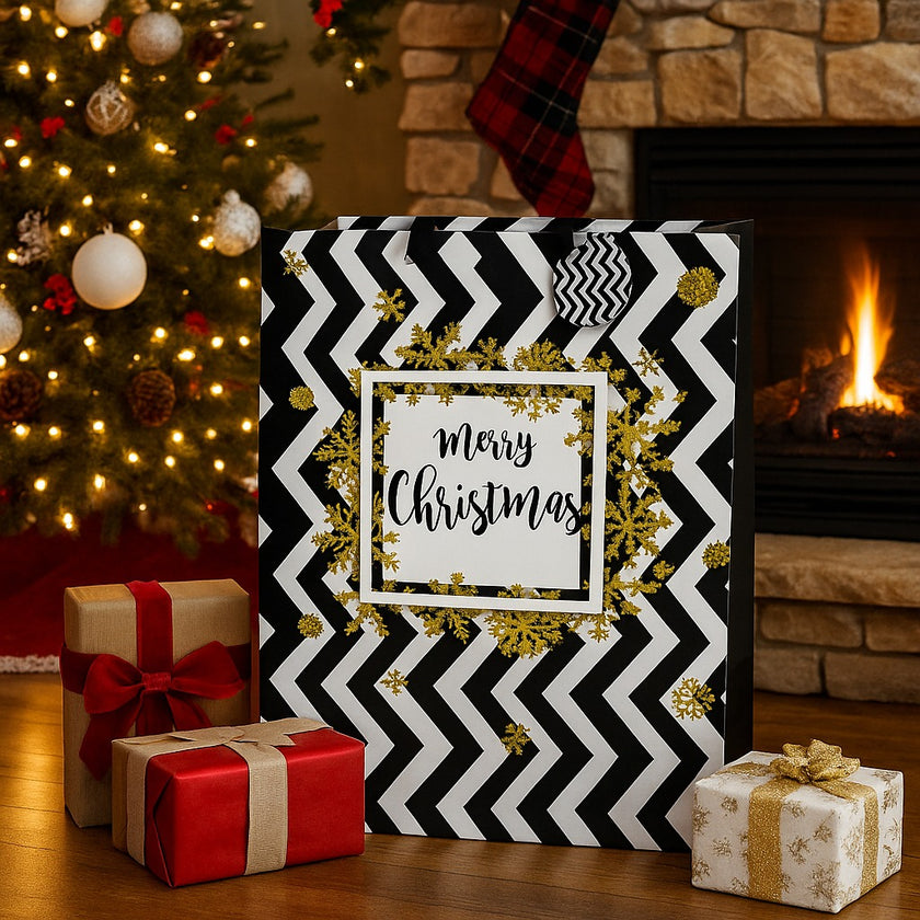 Pungă cadou de Crăciun, cu model zig-zag în alb și negru, cu fulgi aurii, asezată pe parchet, în fața unui șemineu și lângă cadouri de Crăciun