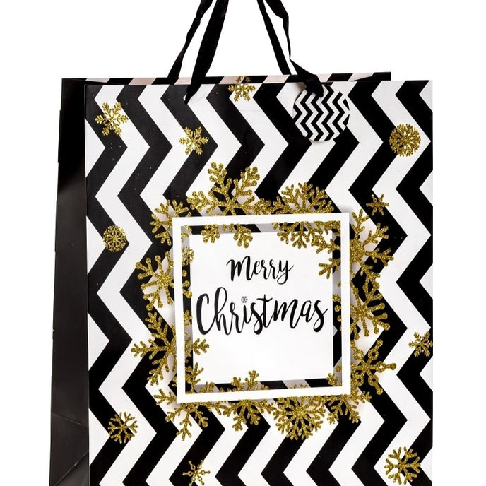 Pungă cadou de Crăciun, cu model zig-zag în alb și negru, cu fulgi aurii