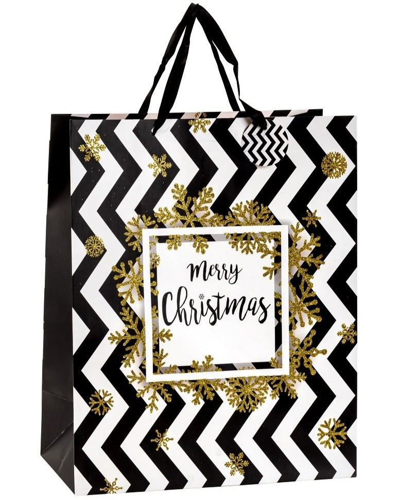 Pungă cadou de Crăciun, cu model zig-zag în alb și negru, cu fulgi aurii