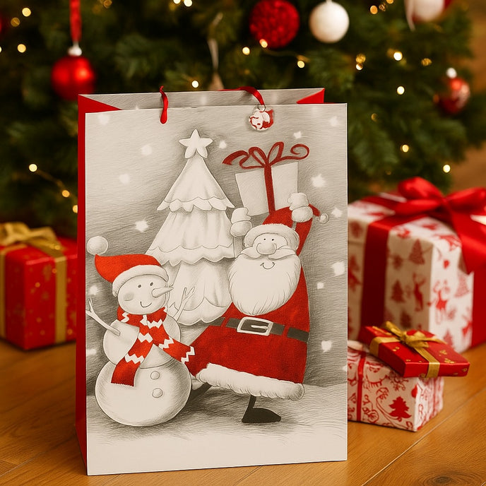 Pungă cadou cu Moș Crăciun și om de zăpadă ațezată pe parchet din lemn, lângă cadouri împachetate de Crăciun