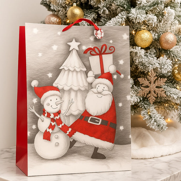 Pungă cadou cu Moș Crăciun și om de zăpadă ațezată pe o masă cu blat de marmură, lângă un mini brad alb împodobit de Crăciun