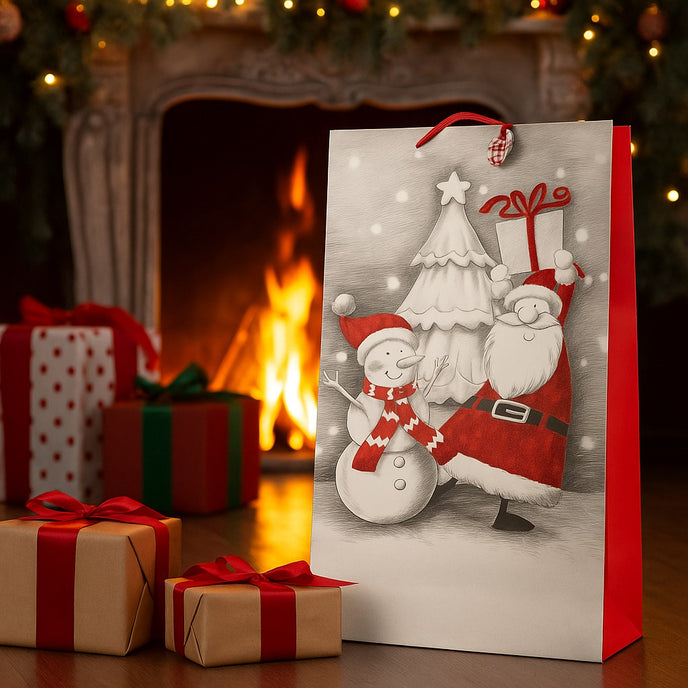 Pungă cadou cu Moș Crăciun și om de zăpadă ațezată în fața unui șemineu, lângă cadouri împachetate de Crăciun